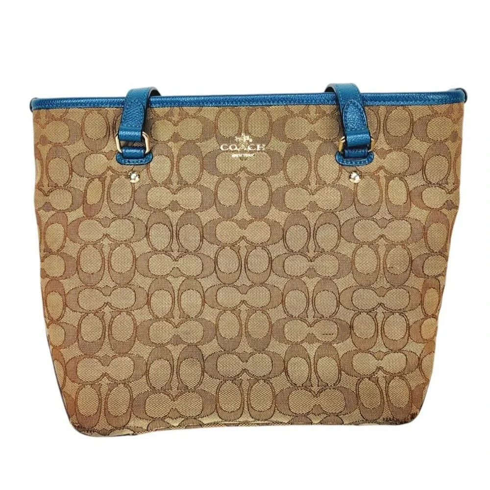 Coach Khaki Canvas Blue Leather Monogram Signature Tote Shoulder Bag Purse
